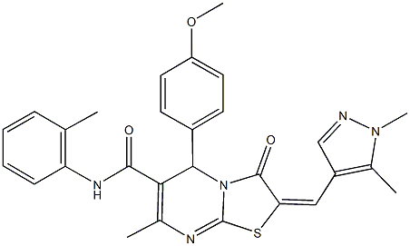 2-[(1,5-dimethyl-1H-pyrazol-4-yl)methylene]-5-(4-methoxyphenyl)-7-methyl-N-(2-methylphenyl)-3-oxo-2,3-dihydro-5H-[1,3]thiazolo[3,2-a]pyrimidine-6-carboxamide Struktur