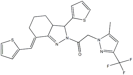 2-{[5-methyl-3-(trifluoromethyl)-1H-pyrazol-1-yl]acetyl}-3-(2-thienyl)-7-(2-thienylmethylene)-3,3a,4,5,6,7-hexahydro-2H-indazole Struktur