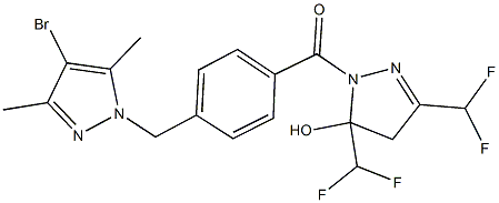 1-{4-[(4-bromo-3,5-dimethyl-1H-pyrazol-1-yl)methyl]benzoyl}-3,5-bis(difluoromethyl)-4,5-dihydro-1H-pyrazol-5-ol Struktur