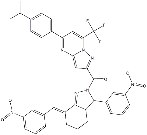 2-[(7-{3-nitrobenzylidene}-3-{3-nitrophenyl}-3,3a,4,5,6,7-hexahydro-2H-indazol-2-yl)carbonyl]-5-(4-isopropylphenyl)-7-(trifluoromethyl)pyrazolo[1,5-a]pyrimidine Struktur