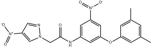 N-{3-(3,5-dimethylphenoxy)-5-nitrophenyl}-2-{4-nitro-1H-pyrazol-1-yl}acetamide Struktur