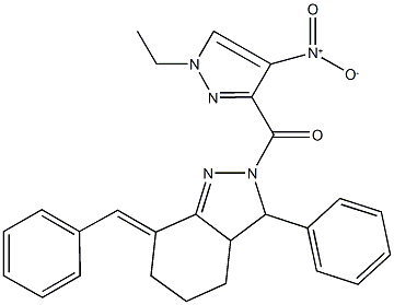 7-benzylidene-2-({1-ethyl-4-nitro-1H-pyrazol-3-yl}carbonyl)-3-phenyl-3,3a,4,5,6,7-hexahydro-2H-indazole Struktur