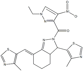 2-({1-ethyl-4-nitro-1H-pyrazol-3-yl}carbonyl)-3-(4-methyl-1,3-thiazol-5-yl)-7-[(4-methyl-1,3-thiazol-5-yl)methylene]-3,3a,4,5,6,7-hexahydro-2H-indazole Struktur