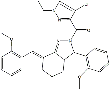 2-[(4-chloro-1-ethyl-1H-pyrazol-3-yl)carbonyl]-7-(2-methoxybenzylidene)-3-(2-methoxyphenyl)-3,3a,4,5,6,7-hexahydro-2H-indazole Struktur