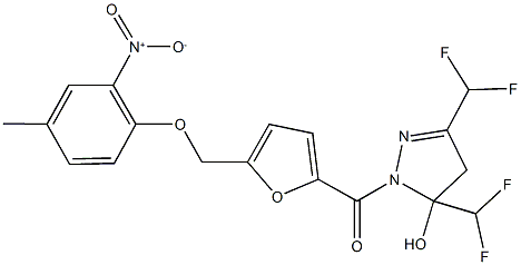 3,5-bis(difluoromethyl)-1-[5-({2-nitro-4-methylphenoxy}methyl)-2-furoyl]-4,5-dihydro-1H-pyrazol-5-ol Struktur