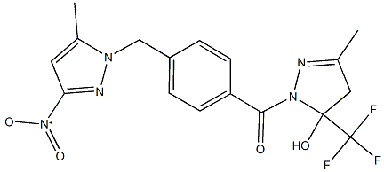 1-[4-({3-nitro-5-methyl-1H-pyrazol-1-yl}methyl)benzoyl]-3-methyl-5-(trifluoromethyl)-4,5-dihydro-1H-pyrazol-5-ol Struktur