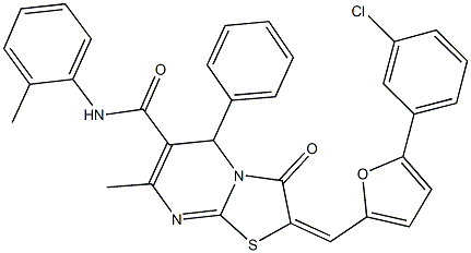 2-{[5-(3-chlorophenyl)-2-furyl]methylene}-7-methyl-N-(2-methylphenyl)-3-oxo-5-phenyl-2,3-dihydro-5H-[1,3]thiazolo[3,2-a]pyrimidine-6-carboxamide Struktur