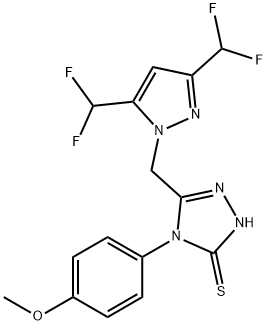 5-{[3,5-bis(difluoromethyl)-1H-pyrazol-1-yl]methyl}-4-(4-methoxyphenyl)-4H-1,2,4-triazole-3-thiol Struktur