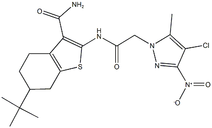 6-tert-butyl-2-[({4-chloro-3-nitro-5-methyl-1H-pyrazol-1-yl}acetyl)amino]-4,5,6,7-tetrahydro-1-benzothiophene-3-carboxamide Struktur