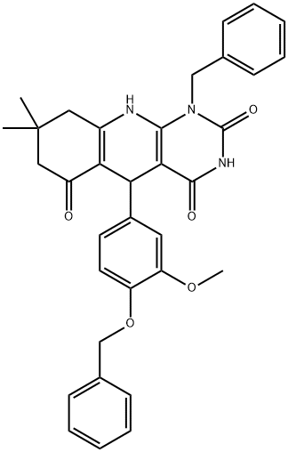 1-benzyl-5-[4-(benzyloxy)-3-methoxyphenyl]-2-hydroxy-8,8-dimethyl-5,8,9,10-tetrahydropyrimido[4,5-b]quinoline-4,6(1H,7H)-dione Struktur