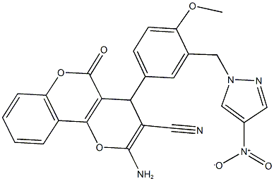 2-amino-4-[3-({4-nitro-1H-pyrazol-1-yl}methyl)-4-methoxyphenyl]-5-oxo-4H,5H-pyrano[3,2-c]chromene-3-carbonitrile Struktur