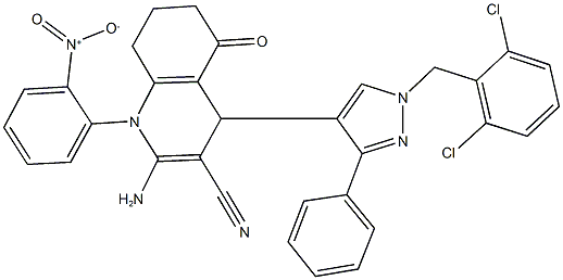 2-amino-4-[1-(2,6-dichlorobenzyl)-3-phenyl-1H-pyrazol-4-yl]-1-{2-nitrophenyl}-5-oxo-1,4,5,6,7,8-hexahydro-3-quinolinecarbonitrile Struktur