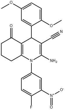 2-amino-4-(2,5-dimethoxyphenyl)-1-{4-fluoro-3-nitrophenyl}-5-oxo-1,4,5,6,7,8-hexahydro-3-quinolinecarbonitrile Struktur