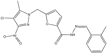 5-({4-chloro-3-nitro-5-methyl-1H-pyrazol-1-yl}methyl)-N'-(2-methylbenzylidene)-2-furohydrazide Struktur