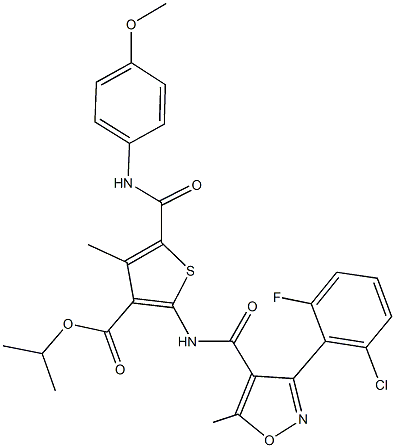 isopropyl 2-({[3-(2-chloro-6-fluorophenyl)-5-methyl-4-isoxazolyl]carbonyl}amino)-5-[(4-methoxyanilino)carbonyl]-4-methyl-3-thiophenecarboxylate Struktur