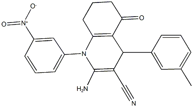 2-amino-1-{3-nitrophenyl}-4-(3-methylphenyl)-5-oxo-1,4,5,6,7,8-hexahydro-3-quinolinecarbonitrile Struktur