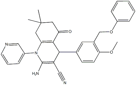 2-amino-4-[4-methoxy-3-(phenoxymethyl)phenyl]-7,7-dimethyl-5-oxo-1-(3-pyridinyl)-1,4,5,6,7,8-hexahydro-3-quinolinecarbonitrile Struktur