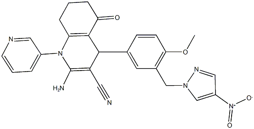 2-amino-4-[3-({4-nitro-1H-pyrazol-1-yl}methyl)-4-methoxyphenyl]-5-oxo-1-(3-pyridinyl)-1,4,5,6,7,8-hexahydro-3-quinolinecarbonitrile Struktur