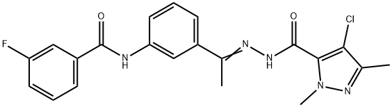 N-(3-{N-[(4-chloro-1,3-dimethyl-1H-pyrazol-5-yl)carbonyl]ethanehydrazonoyl}phenyl)-3-fluorobenzamide Struktur