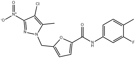 5-({4-chloro-3-nitro-5-methyl-1H-pyrazol-1-yl}methyl)-N-(3-fluoro-4-methylphenyl)-2-furamide Struktur