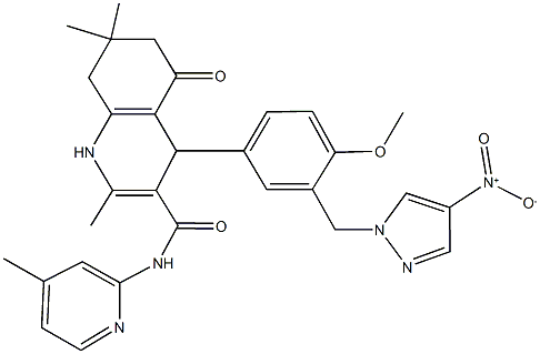 4-[3-({4-nitro-1H-pyrazol-1-yl}methyl)-4-methoxyphenyl]-2,7,7-trimethyl-N-(4-methyl-2-pyridinyl)-5-oxo-1,4,5,6,7,8-hexahydro-3-quinolinecarboxamide Struktur