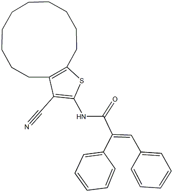 N-(3-cyano-4,5,6,7,8,9,10,11,12,13-decahydrocyclododeca[b]thien-2-yl)-2,3-diphenylacrylamide Struktur