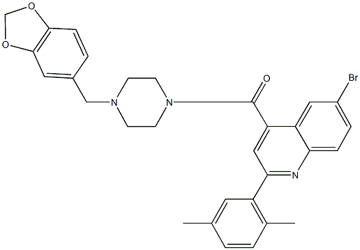 4-{[4-(1,3-benzodioxol-5-ylmethyl)-1-piperazinyl]carbonyl}-6-bromo-2-(2,5-dimethylphenyl)quinoline Struktur