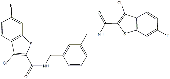 3-chloro-N-[3-({[(3-chloro-6-fluoro-1-benzothien-2-yl)carbonyl]amino}methyl)benzyl]-6-fluoro-1-benzothiophene-2-carboxamide Struktur