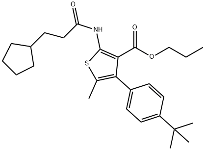 propyl 4-(4-tert-butylphenyl)-2-[(3-cyclopentylpropanoyl)amino]-5-methyl-3-thiophenecarboxylate Struktur