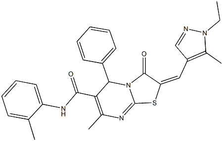 2-[(1-ethyl-5-methyl-1H-pyrazol-4-yl)methylene]-7-methyl-N-(2-methylphenyl)-3-oxo-5-phenyl-2,3-dihydro-5H-[1,3]thiazolo[3,2-a]pyrimidine-6-carboxamide Struktur