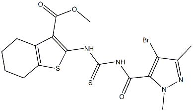 methyl 2-[({[(4-bromo-1,3-dimethyl-1H-pyrazol-5-yl)carbonyl]amino}carbothioyl)amino]-4,5,6,7-tetrahydro-1-benzothiophene-3-carboxylate Struktur