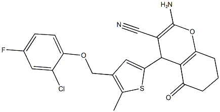 2-amino-4-{4-[(2-chloro-4-fluorophenoxy)methyl]-5-methyl-2-thienyl}-5-oxo-5,6,7,8-tetrahydro-4H-chromene-3-carbonitrile Struktur