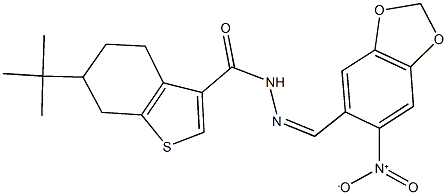 6-tert-butyl-N'-({6-nitro-1,3-benzodioxol-5-yl}methylene)-4,5,6,7-tetrahydro-1-benzothiophene-3-carbohydrazide Struktur