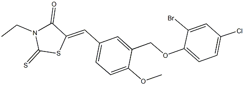 5-{3-[(2-bromo-4-chlorophenoxy)methyl]-4-methoxybenzylidene}-3-ethyl-2-thioxo-1,3-thiazolidin-4-one Struktur