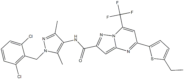 N-[1-(2,6-dichlorobenzyl)-3,5-dimethyl-1H-pyrazol-4-yl]-5-(5-ethyl-2-thienyl)-7-(trifluoromethyl)pyrazolo[1,5-a]pyrimidine-2-carboxamide Struktur