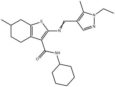 N-cyclohexyl-2-{[(1-ethyl-5-methyl-1H-pyrazol-4-yl)methylene]amino}-6-methyl-4,5,6,7-tetrahydro-1-benzothiophene-3-carboxamide Struktur