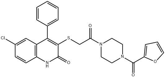 6-chloro-3-({2-[4-(2-furoyl)-1-piperazinyl]-2-oxoethyl}sulfanyl)-4-phenyl-2(1H)-quinolinone Struktur