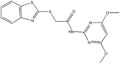 2-(1,3-benzothiazol-2-ylsulfanyl)-N-(4,6-dimethoxy-2-pyrimidinyl)acetamide Struktur