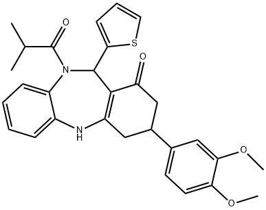 3-(3,4-dimethoxyphenyl)-10-isobutyryl-11-(2-thienyl)-2,3,4,5,10,11-hexahydro-1H-dibenzo[b,e][1,4]diazepin-1-one Struktur