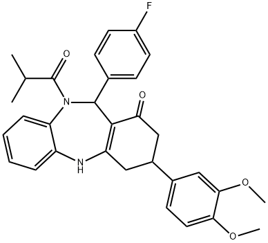 3-(3,4-dimethoxyphenyl)-11-(4-fluorophenyl)-10-isobutyryl-2,3,4,5,10,11-hexahydro-1H-dibenzo[b,e][1,4]diazepin-1-one Struktur