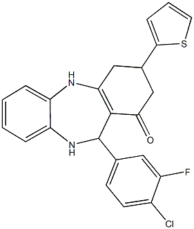 11-(4-chloro-3-fluorophenyl)-3-(2-thienyl)-2,3,4,5,10,11-hexahydro-1H-dibenzo[b,e][1,4]diazepin-1-one Struktur