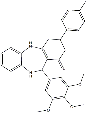 3-(4-methylphenyl)-11-(3,4,5-trimethoxyphenyl)-2,3,4,5,10,11-hexahydro-1H-dibenzo[b,e][1,4]diazepin-1-one Struktur