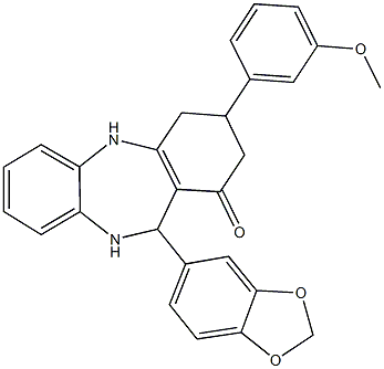 11-(1,3-benzodioxol-5-yl)-3-(3-methoxyphenyl)-2,3,4,5,10,11-hexahydro-1H-dibenzo[b,e][1,4]diazepin-1-one Struktur