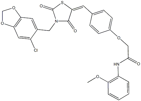 2-[4-({3-[(6-chloro-1,3-benzodioxol-5-yl)methyl]-2,4-dioxo-1,3-thiazolidin-5-ylidene}methyl)phenoxy]-N-(2-methoxyphenyl)acetamide Struktur