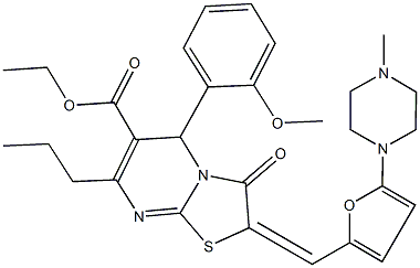 ethyl5-(2-methoxyphenyl)-2-{[5-(4-methyl-1-piperazinyl)-2-furyl]methylene}-3-oxo-7-propyl-2,3-dihydro-5H-[1,3]thiazolo[3,2-a]pyrimidine-6-carboxylate Struktur