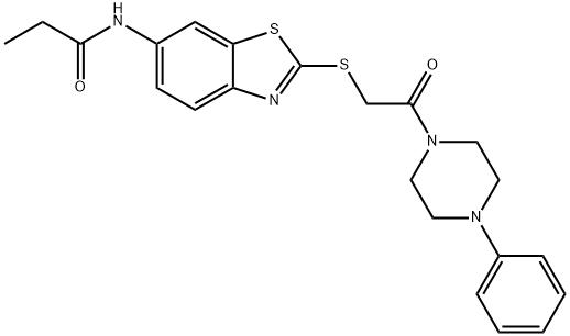 N-(2-{[2-oxo-2-(4-phenyl-1-piperazinyl)ethyl]sulfanyl}-1,3-benzothiazol-6-yl)propanamide Struktur