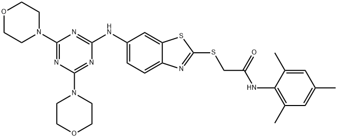 2-[(6-{[4,6-di(4-morpholinyl)-1,3,5-triazin-2-yl]amino}-1,3-benzothiazol-2-yl)sulfanyl]-N-mesitylacetamide Struktur