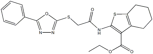 ethyl2-({[(5-phenyl-1,3,4-oxadiazol-2-yl)thio]acetyl}amino)-4,5,6,7-tetrahydro-1-benzothiophene-3-carboxylate Struktur