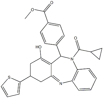 methyl 4-[10-(cyclopropylcarbonyl)-1-hydroxy-3-(2-thienyl)-3,4,10,11-tetrahydro-2H-dibenzo[b,e][1,4]diazepin-11-yl]benzoate Struktur