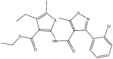 ethyl 2-({[3-(2-chlorophenyl)-5-methyl-4-isoxazolyl]carbonyl}amino)-4-ethyl-5-methyl-3-thiophenecarboxylate Struktur